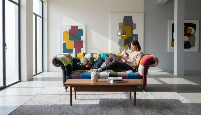 Chesterfield Sofa Polsterdesign Méifaarweg Sëtz Textil Couch Wunnzëmmer