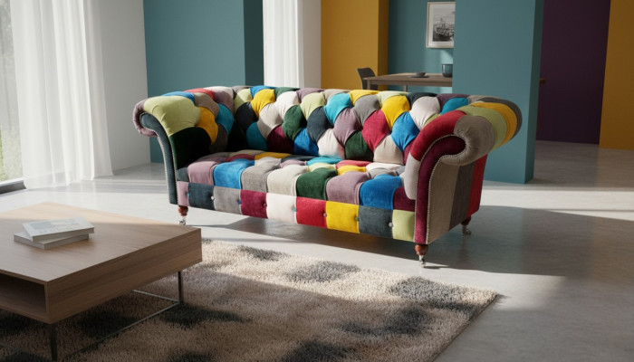 Chesterfield Sofa Polsterdesign Méifaarweg Sëtz Textil Couch Wunnzëmmer