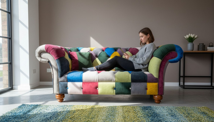 Sofa 2 Sëtzer Chesterfield Textil Couch Polster Design Luxus Meefaarweg