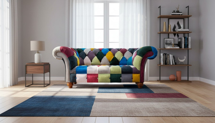 Sofa 2 Sëtzer Chesterfield Textil Couch Polster Design Luxus Meefaarweg