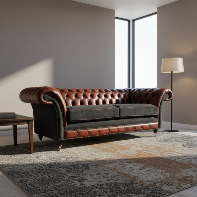 Modern Design Wunnzëmmer Sofa 3 Sëtzeger Braun Chesterfield Canapé Lieder Polster Textil Nei