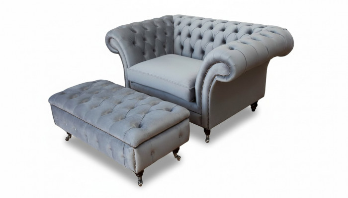 Chesterfield Ouerensëtz Pouf Sëtz Canapé Polster Set Gro Textil