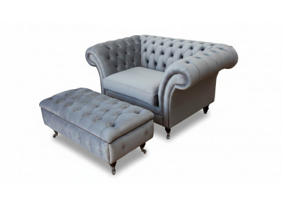 Chesterfield Ouerensëtz Pouf Sëtz Canapé Polster Set Gro Textil