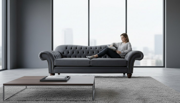 Chesterfield 3 Sëtzer Textil Design Sofa Canapé Polstersdaach Couchë Luxus