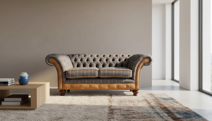 Chesterfield Sofa 2 Sëtz Design Canapé Drësëtzer Luxus Miwwelen Stil Textil Sofas