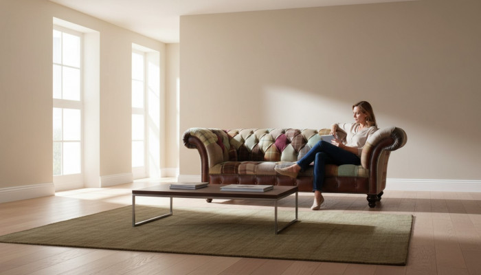 Faarweg Designer-Sofa am Chesterfield-Design mat dräi Sëtzplazen