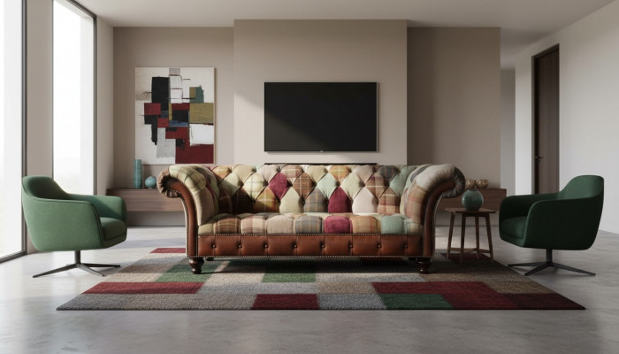 Faarweg Designer-Sofa am Chesterfield-Design mat dräi Sëtzplazen
