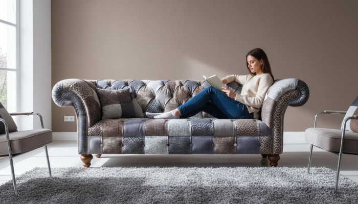 Dreiplazeg-Sofa-Sëtzkëssen Chesterfield Stoff Canapé Modern Miwwelen Nei