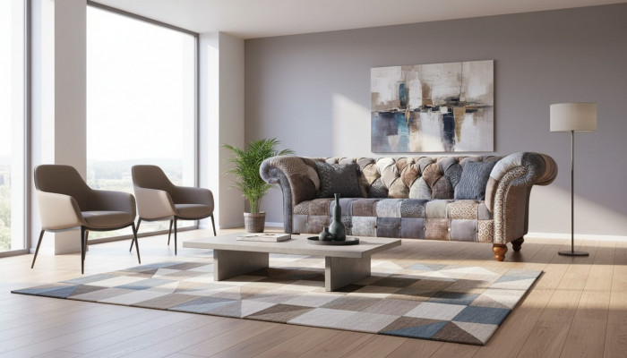 Dreiplazeg-Sofa-Sëtzkëssen Chesterfield Stoff Canapé Modern Miwwelen Nei