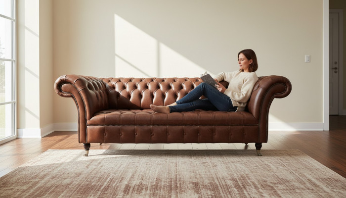 Chesterfield Sofa Dräisëtzer Vintage Canapéë grouss XXL Brong Textillieder
