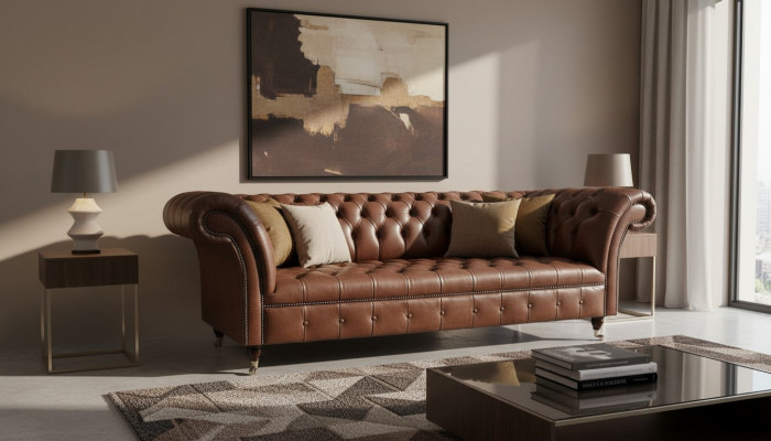 Chesterfield Sofa Dräisëtzer Vintage Canapéë grouss XXL Brong Textillieder