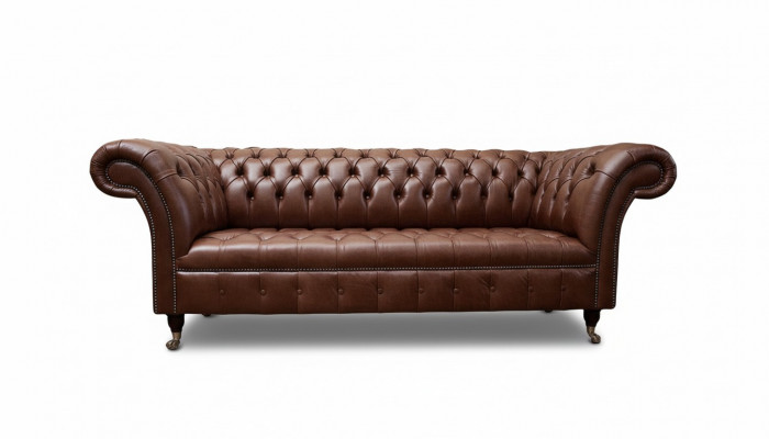 Chesterfield Sofa Dräisëtzer Vintage Canapéë grouss XXL Brong Textillieder