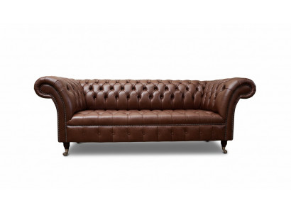 Chesterfield Sofa Dräisëtzer Vintage Canapéë grouss XXL Brong Textillieder
