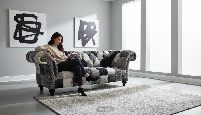 Luxuriéis Samettsofa am Chesterfield-Design mat faarwege Karos