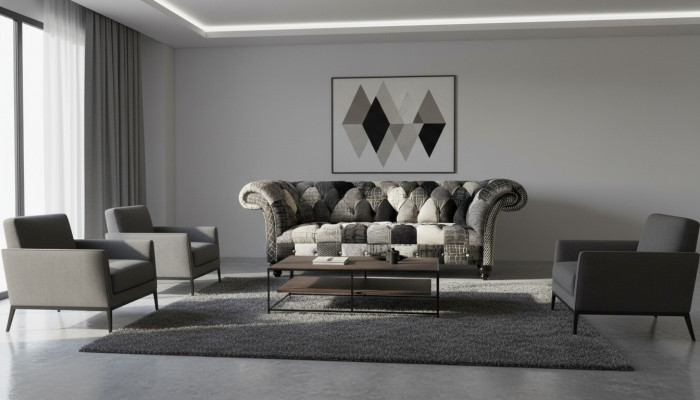 Luxuriéis Samettsofa am Chesterfield-Design mat faarwege Karos