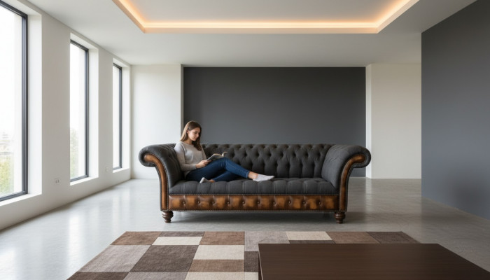 Design Schwaarz Sofa 3 Sëtzer Chesterfield Stoff Canapé Sofa Polster Nei
