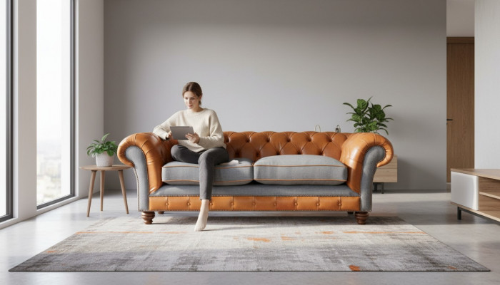 Luxuriéist Konschtléder-Sofa am Chesterfield Design als 3 Sëtzer-Sofa mat dräi Sëtzplazen.