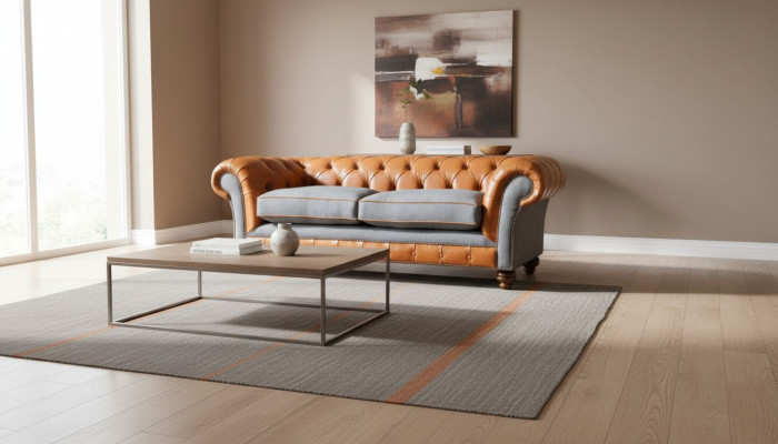 Luxuriéist Konschtléder-Sofa am Chesterfield Design als 3 Sëtzer-Sofa mat dräi Sëtzplazen.