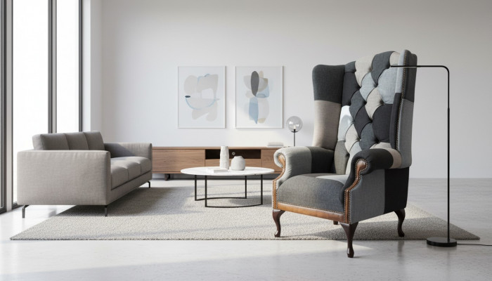 Chesterfield Ouerensessel Sessel 1 Sëtzer Sofa Couch Polster Textil Nei