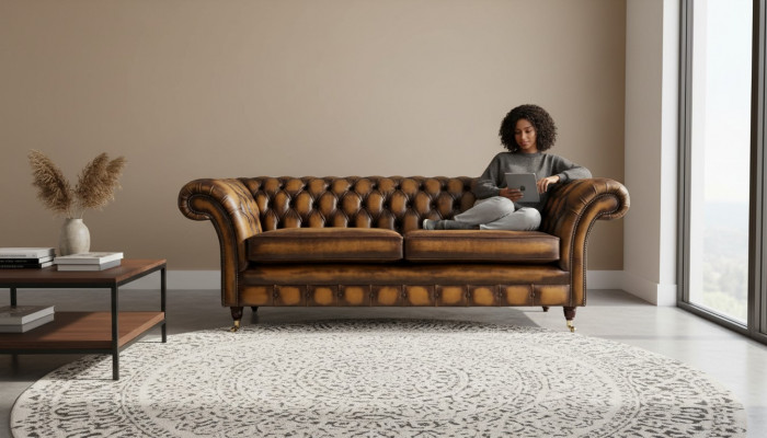 Brong Sofa 3-Sëtz Canapé Design Chesterfield Polster Sëtz Lieder Nei