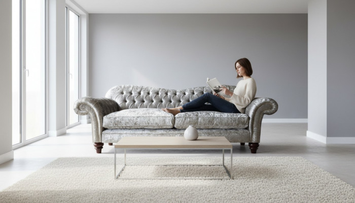 Luxoriéis klassescht Chesterfield-Sofa mat dräi Sëtzer a Gro.