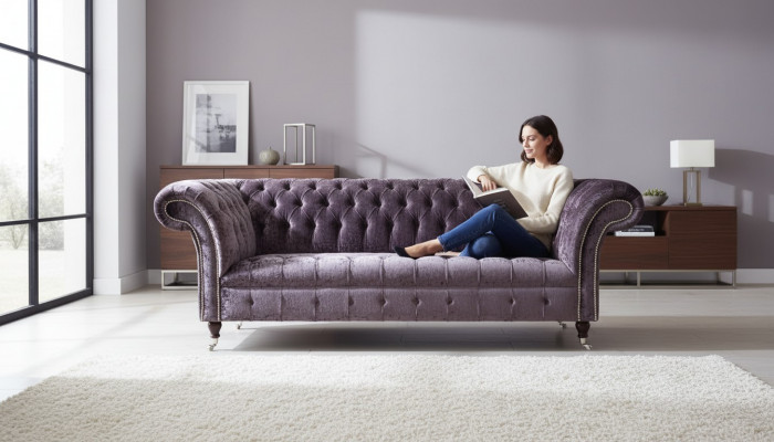 Chesterfield Canapé Téin Samt Stoff Sofa Miwwelen Design 3 Sëtzer Lila