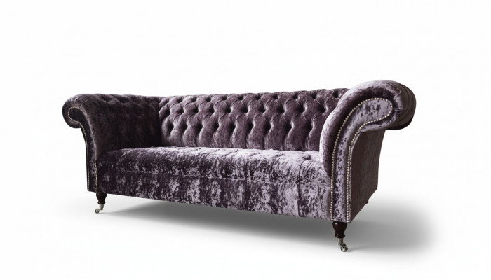 Chesterfield Canapé Téin Samt Stoff Sofa Miwwelen Design 3 Sëtzer Lila