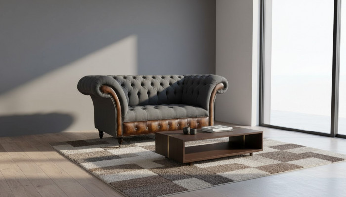 Design Chesterfield Stoff Couch Fauteuil 1.5 Sëtzer Polster Sofas Lounge