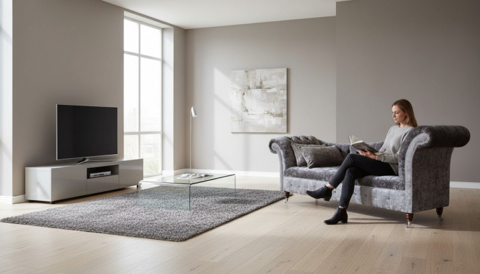E bëqueemt, klassescht Sofa am Chesterfield-Stil an engem déif Sëlwertéin.