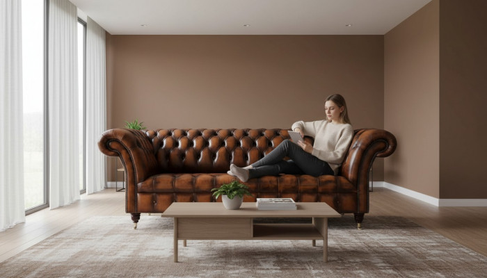 Chesterfield 3 Sëtzer Sofa Lieder Sofa Couch Polstersëtz Braun Sofaen Nei