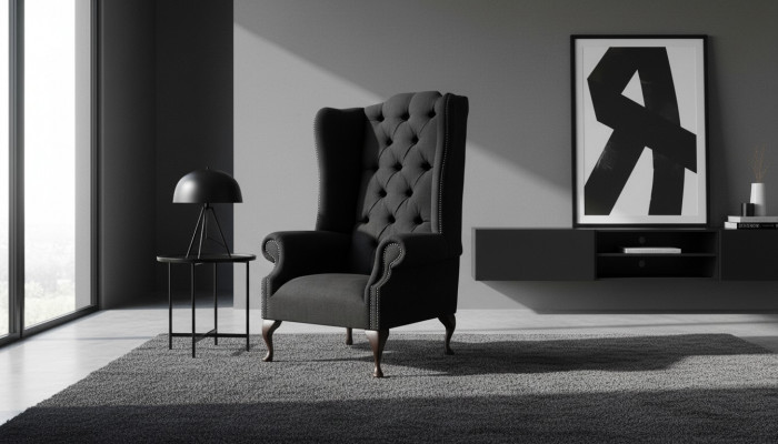 Ohrensessel Still Sëtzer Schwaarz Design Polster Chesterfield Textil Nei