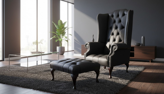 Fauteuil mat Hocker Designer Gefléckte Fauteuil Chesterfield Ouerfauteuil Nei