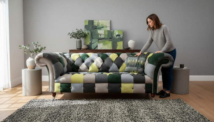 Schéint, stilvollt 3-Sëtzer Chesterfield Sofa fir d'Wunnzëmmer.