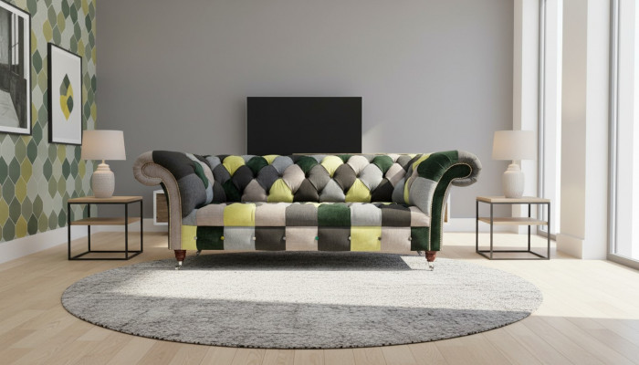 Schéint, stilvollt 3-Sëtzer Chesterfield Sofa fir d'Wunnzëmmer.
