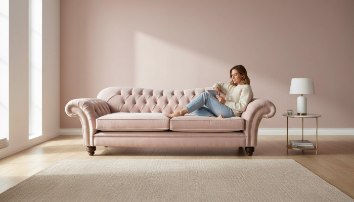 Sofa 3 Plazen Chesterfield Canapé Sëtz Textil Stoff Couchen Rosa Polster