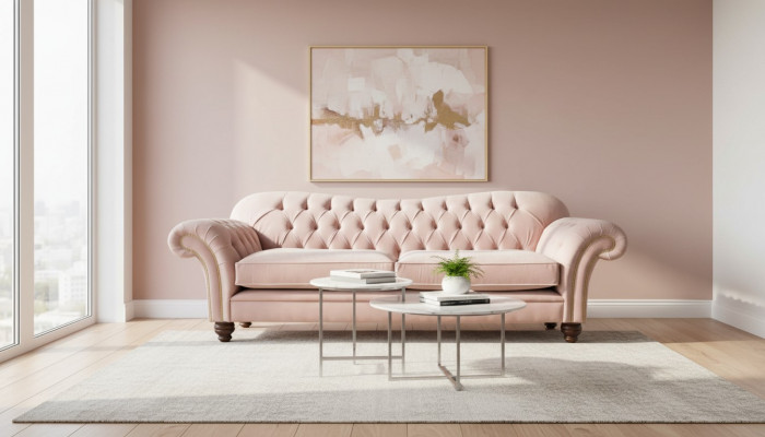 Sofa 3 Plazen Chesterfield Canapé Sëtz Textil Stoff Couchen Rosa Polster
