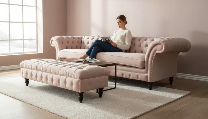 Eng luxuriéis, rosa véiersëtzeger Canapé am Chesterfield-Design, inklusiv Sëtzkëssen.