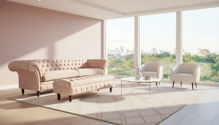 Eng luxuriéis, rosa véiersëtzeger Canapé am Chesterfield-Design, inklusiv Sëtzkëssen.