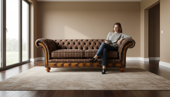 Chesterfield 3-Sëtzer Couch Polster Textil Couchen Wunnzëmmer Sofa Neien