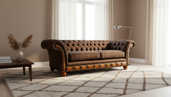 Chesterfield 3-Sëtzer Couch Polster Textil Couchen Wunnzëmmer Sofa Neien
