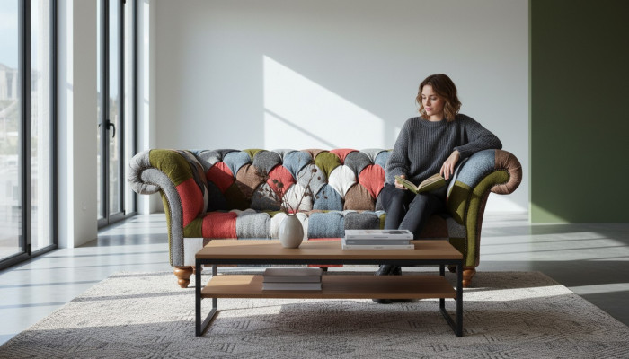 Chesterfield Couch 3-Sëtzer Polster Sëtz Textil Stoff Méifaarweg Sofa