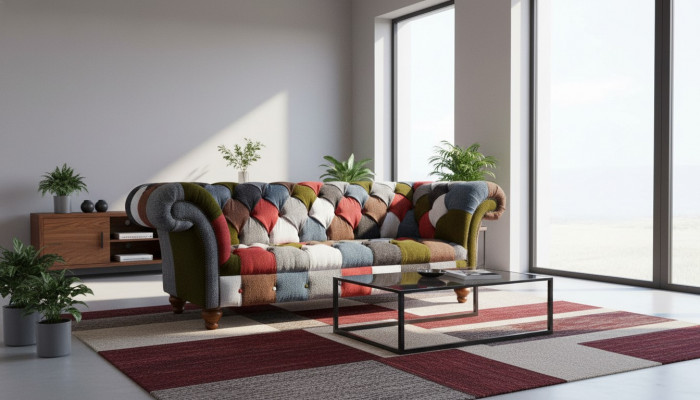 Chesterfield Couch 3-Sëtzer Polster Sëtz Textil Stoff Méifaarweg Sofa