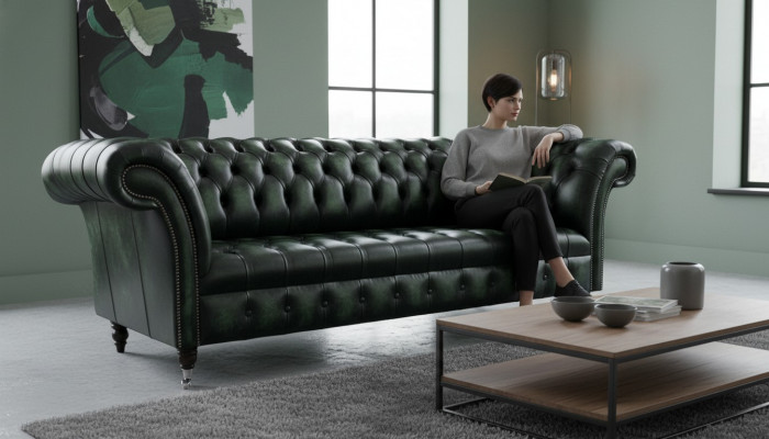 Chesterfield Couch Sofa Polster 3 Sëtzer Lieder Couchen Sëtz Gréng Nei