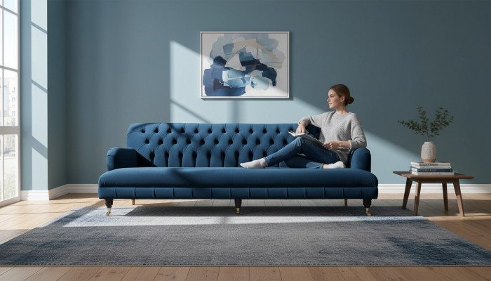 Luxuriéist Designer-Canapé am Chesterfield-Stil mat véier Sëtzplazen an der Faarf Blo.