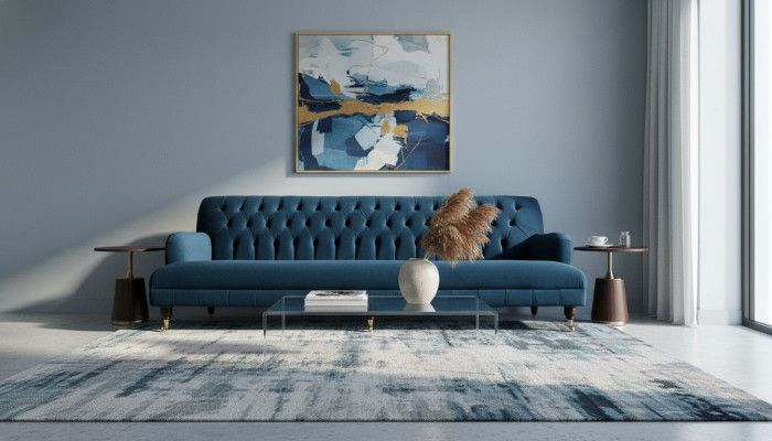 Luxuriéist Designer-Canapé am Chesterfield-Stil mat véier Sëtzplazen an der Faarf Blo.