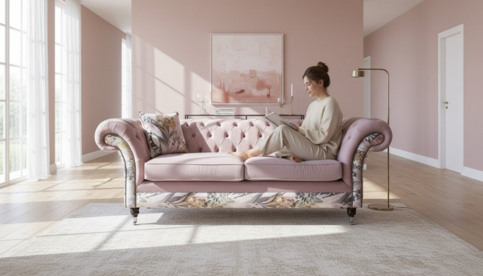 E bëschtenegt Chesterfield-Dreplazerschof mat engem zaarten rosa Blummemuster.