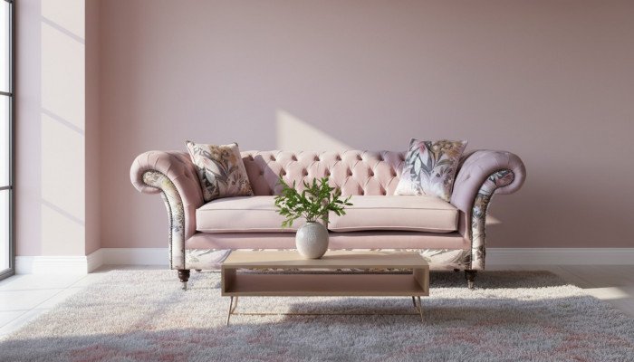 E bëschtenegt Chesterfield-Dreplazerschof mat engem zaarten rosa Blummemuster.