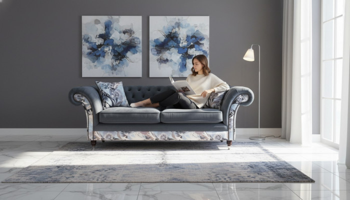 E e markant Dräisëtzer-Sofa am Chesterfield-Design mat delikaten groblommenden Dekoratioun.