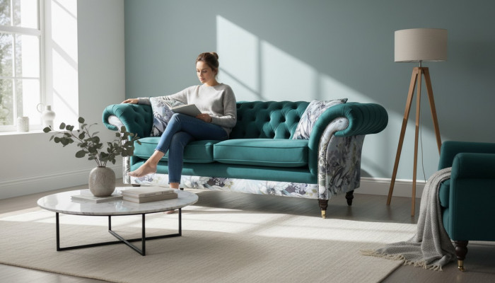 Een liewegt Tressëtz-Sofa aus Chesterfield an engem zarten Smaragdgréng mat Blummenmuster.