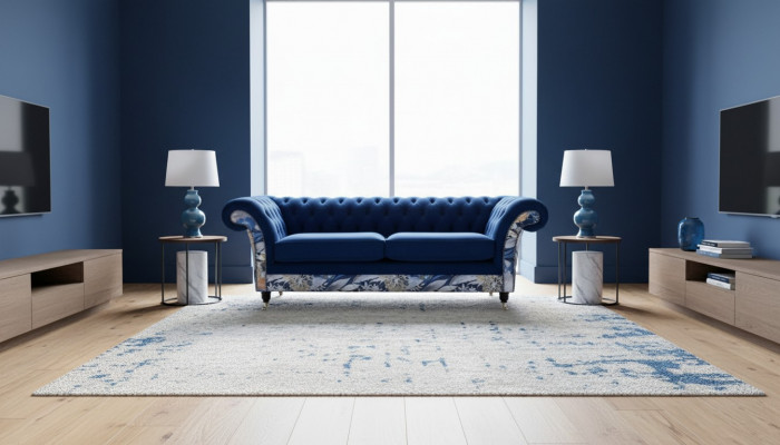 Chesterfield Royal Bloe Samt Couch, Polster Sëtz, Lounge Canapéë, Canapéën